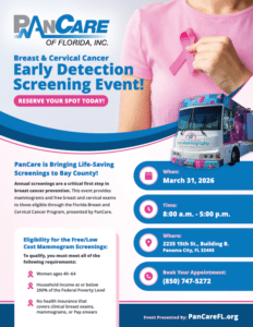 Flyer for breast and cervical cancer screening.